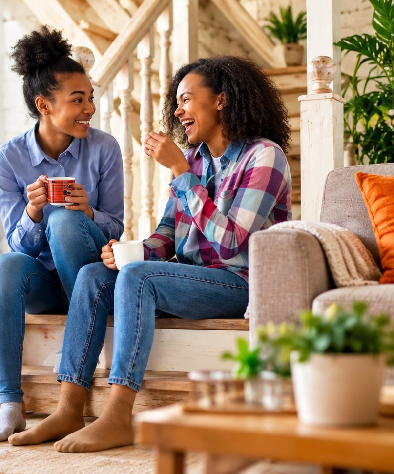 Two housemates laughing over coffee in a comfortable, furnished home